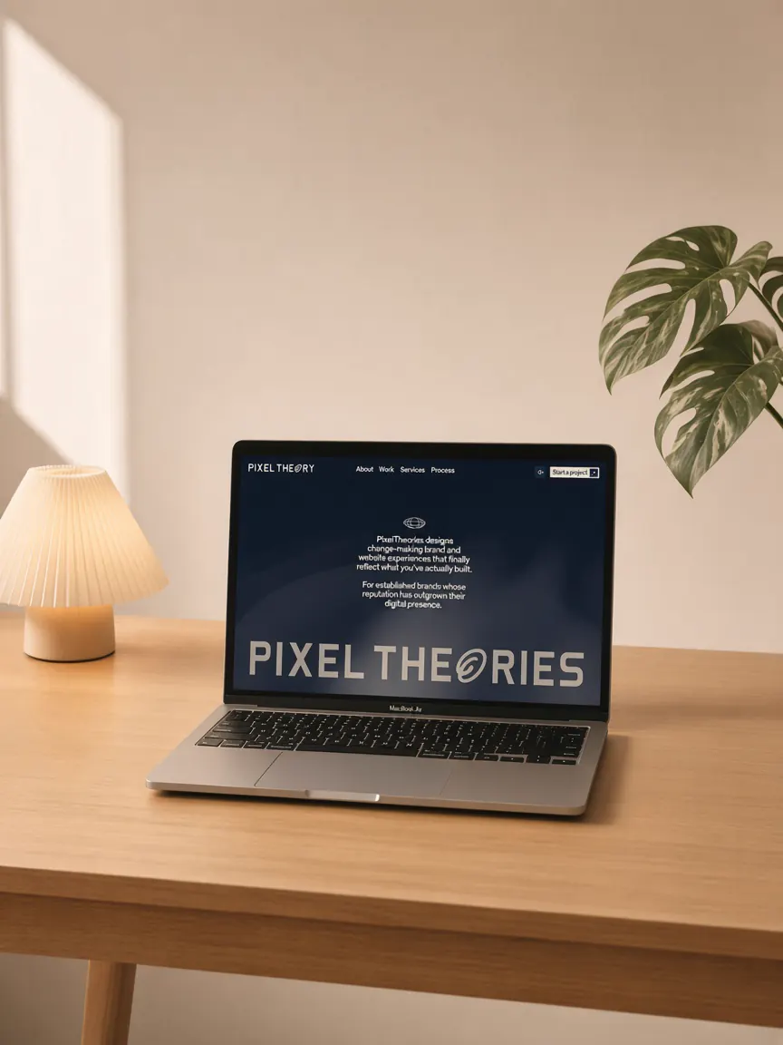 PixelTheories hero on a laptop screen