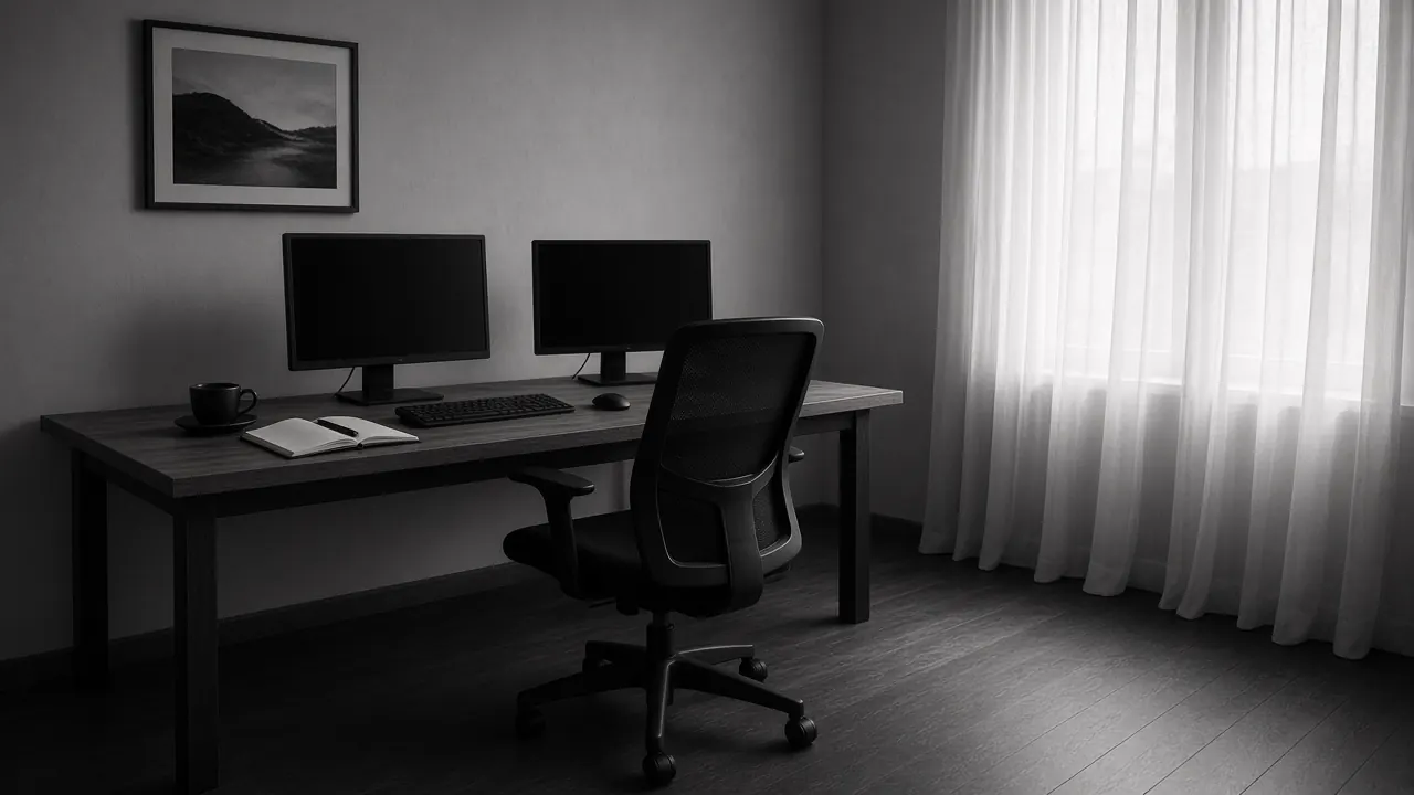 Empty PixelTheories studio workstation — desk, monitors, and chair.