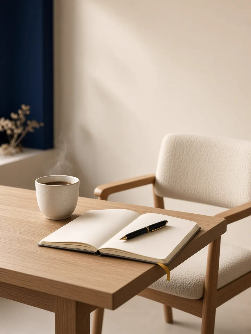 An empty desk ready for a call — notebook, coffee, and an open chair.
